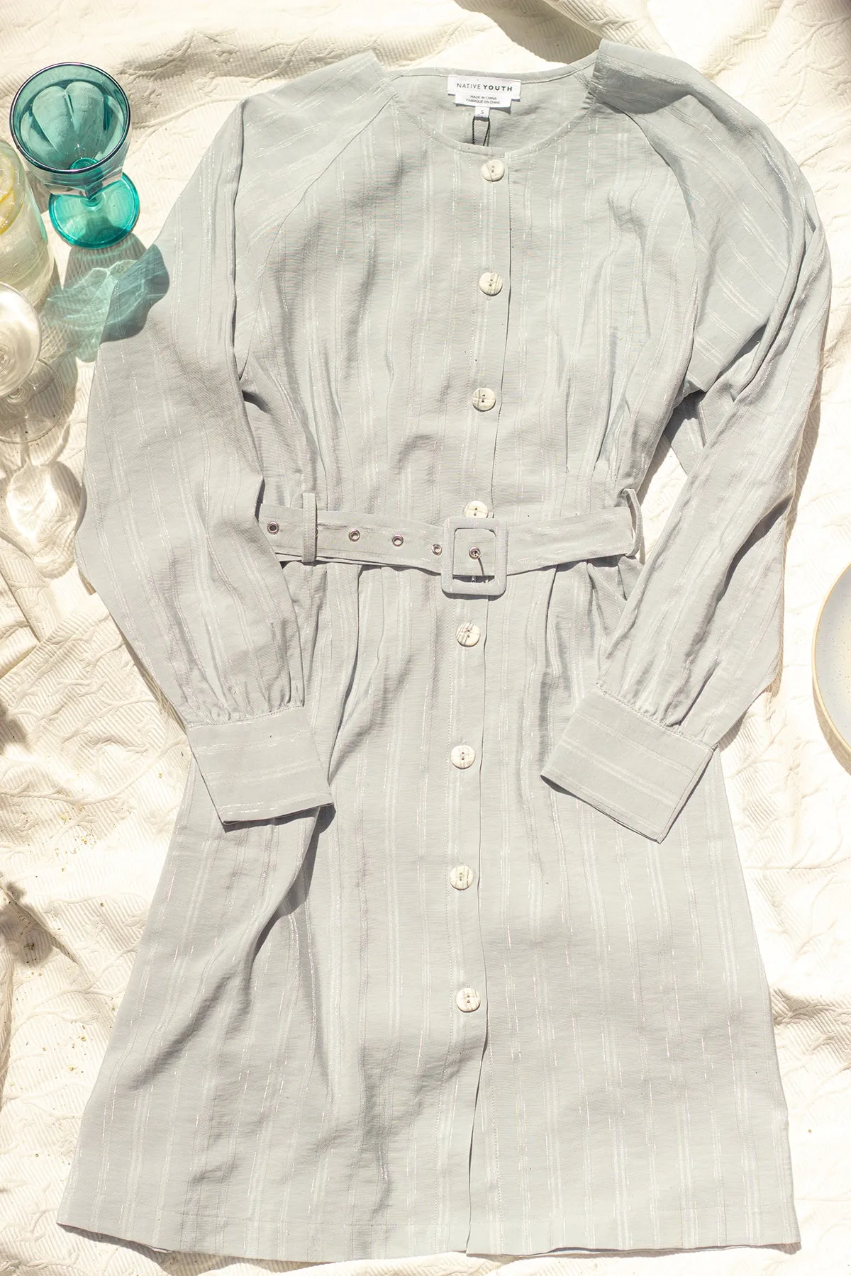 Button Down Striped Blue Shirt Dress with Fabric Belt