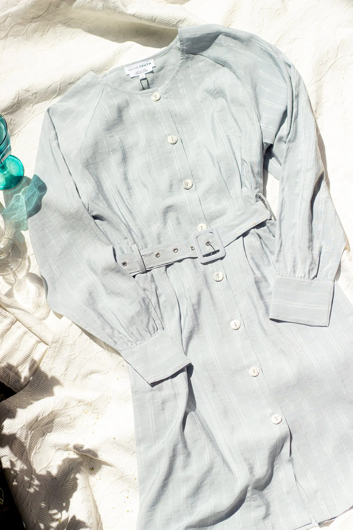 Button Down Striped Blue Shirt Dress with Fabric Belt