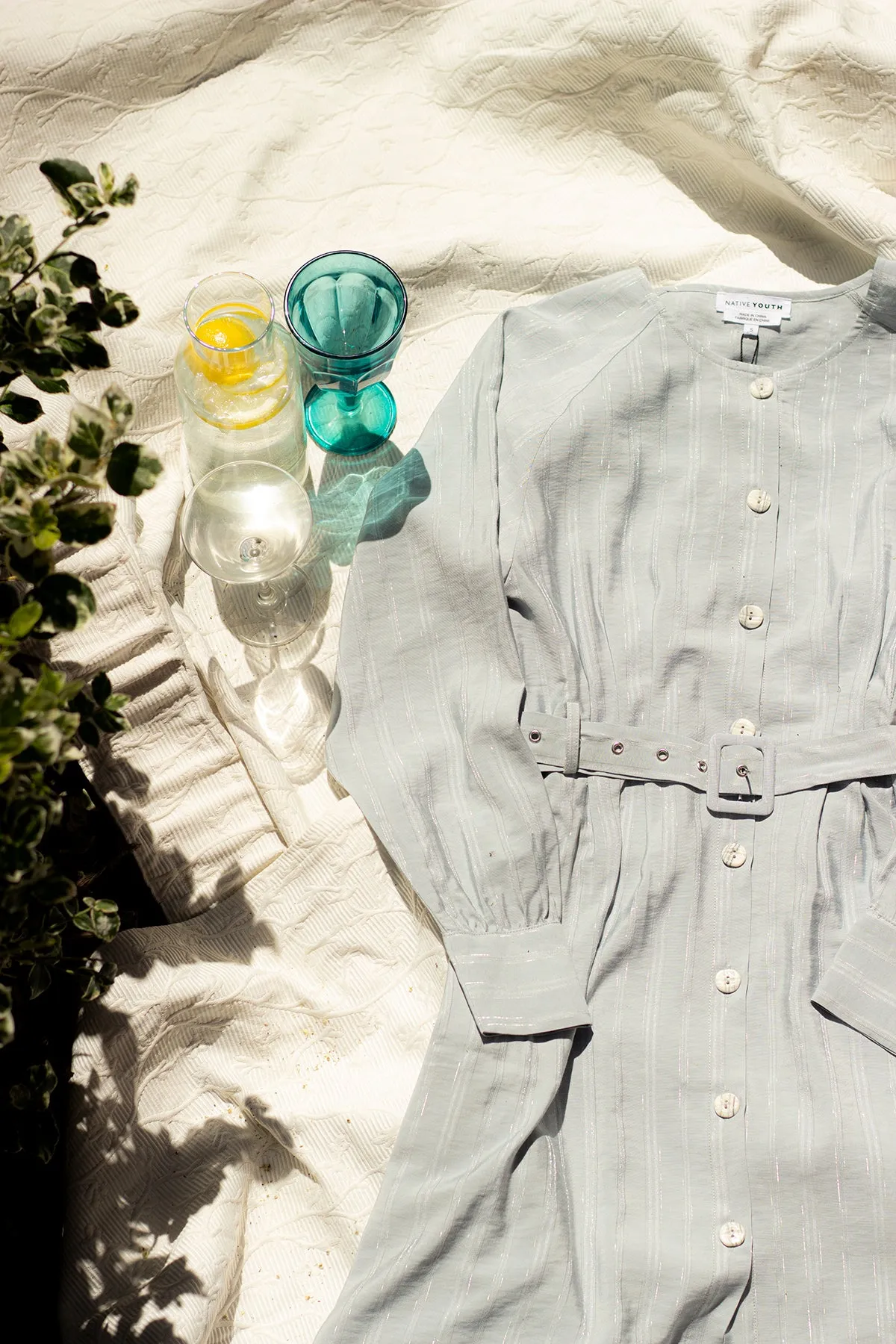Button Down Striped Blue Shirt Dress with Fabric Belt