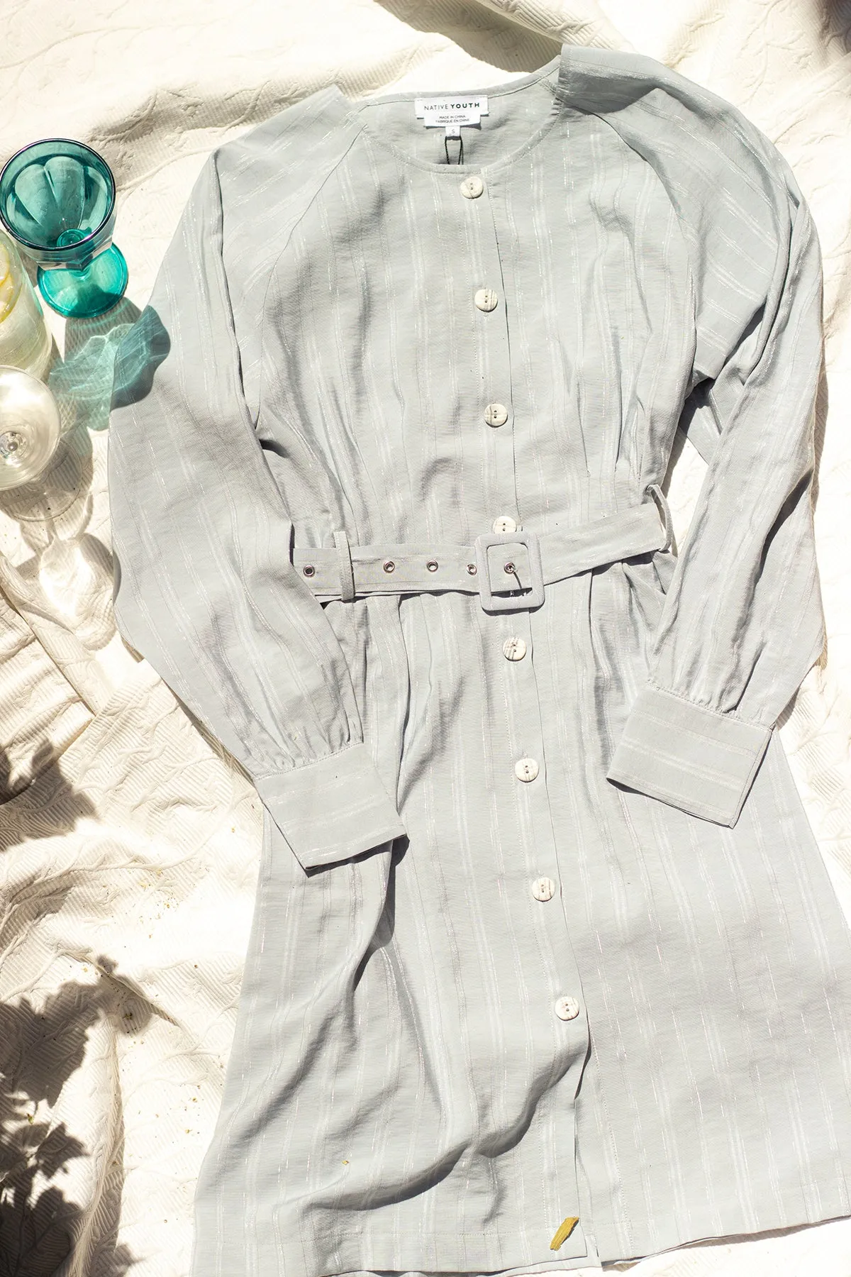 Button Down Striped Blue Shirt Dress with Fabric Belt