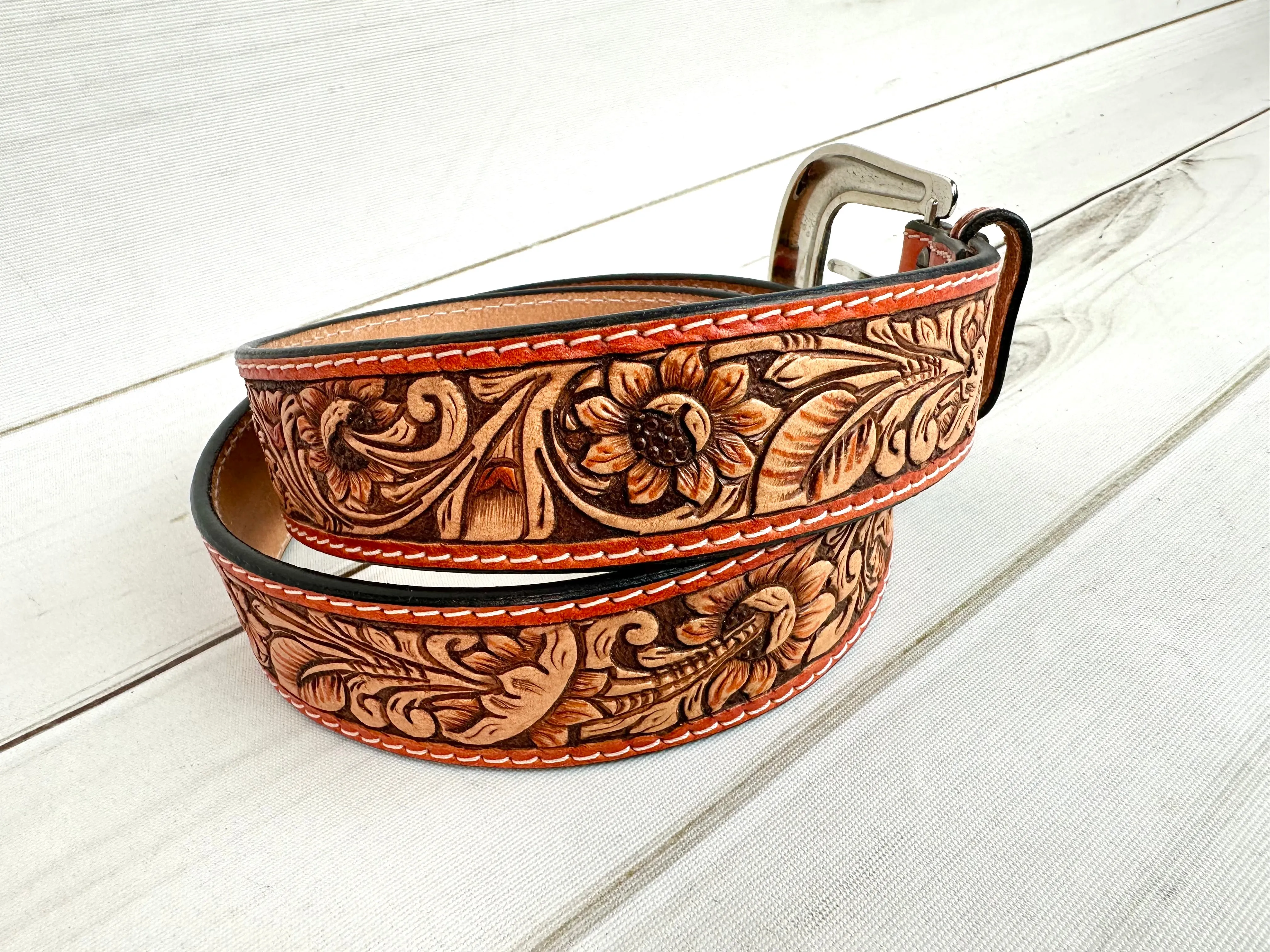 Camel Border Floral Tooled Leather Woman’s Belt