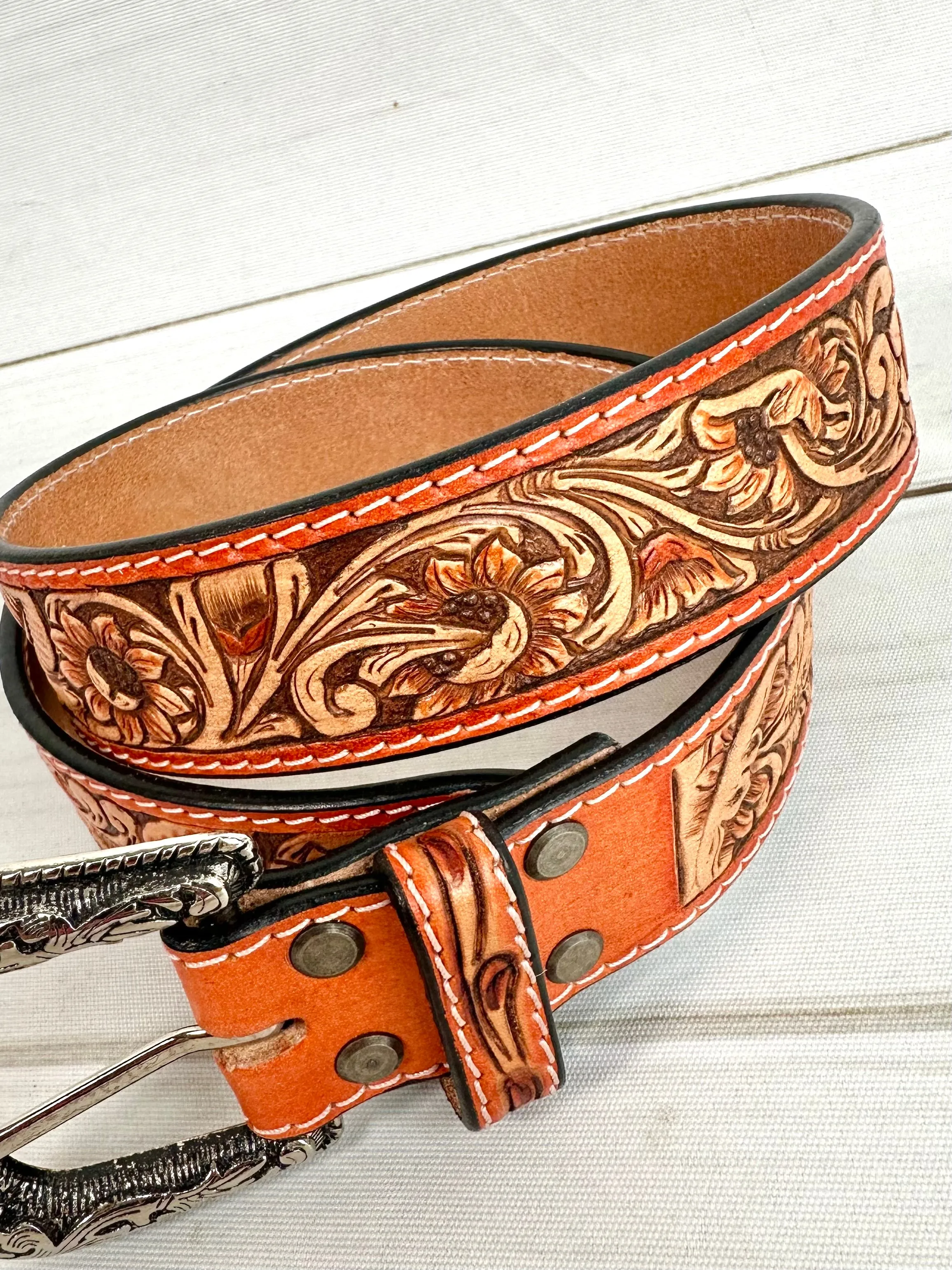 Camel Border Floral Tooled Leather Woman’s Belt