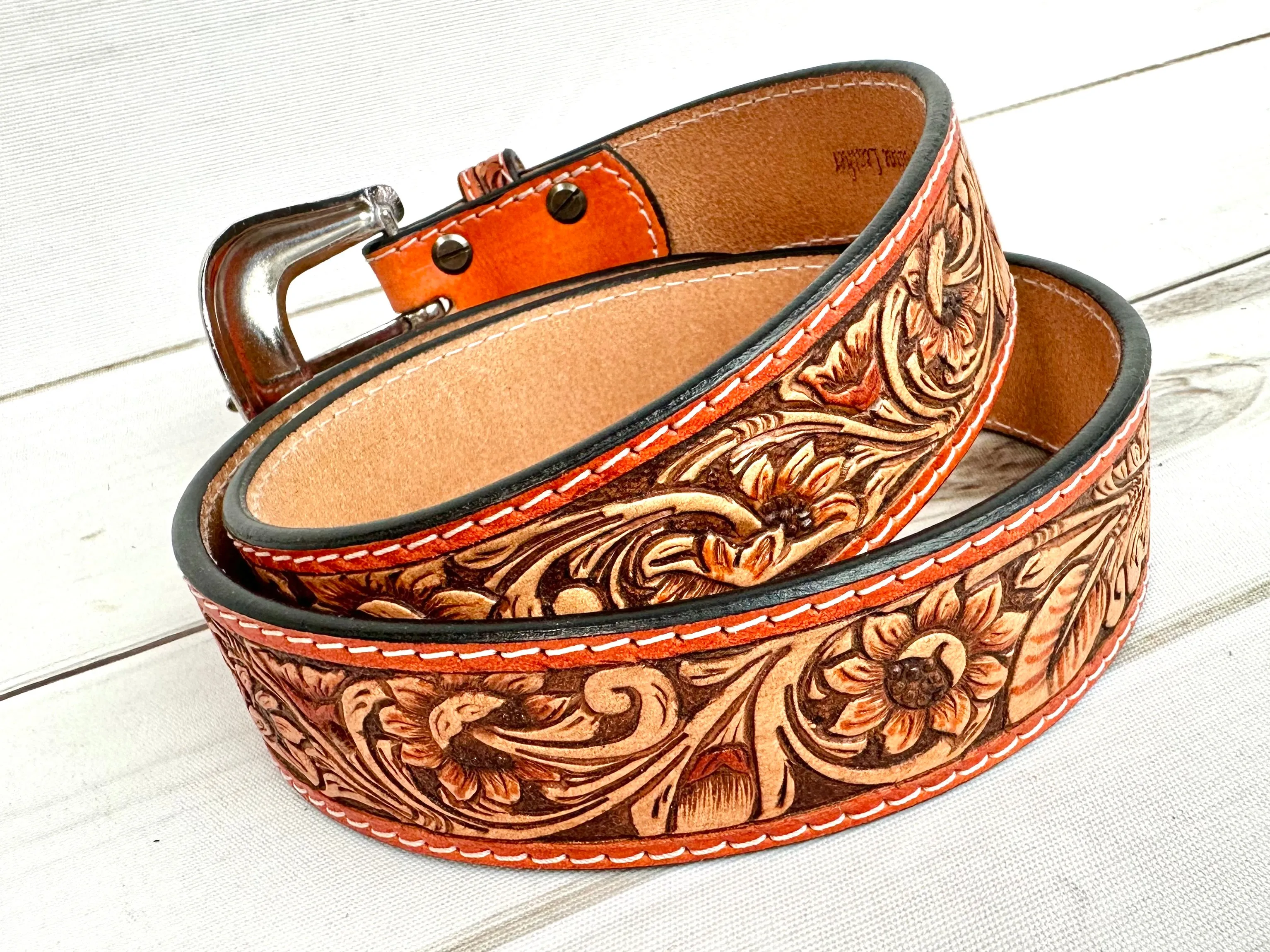 Camel Border Floral Tooled Leather Woman’s Belt