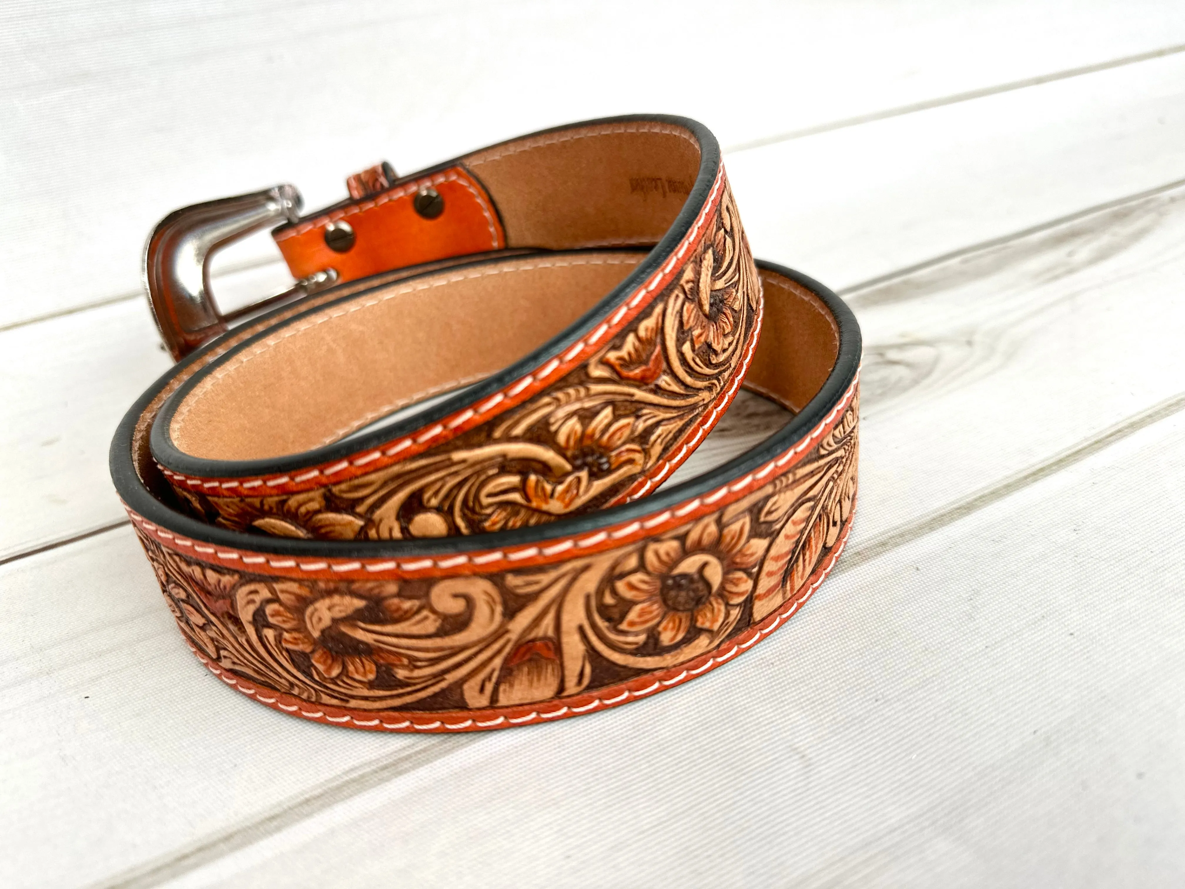 Camel Border Floral Tooled Leather Woman’s Belt