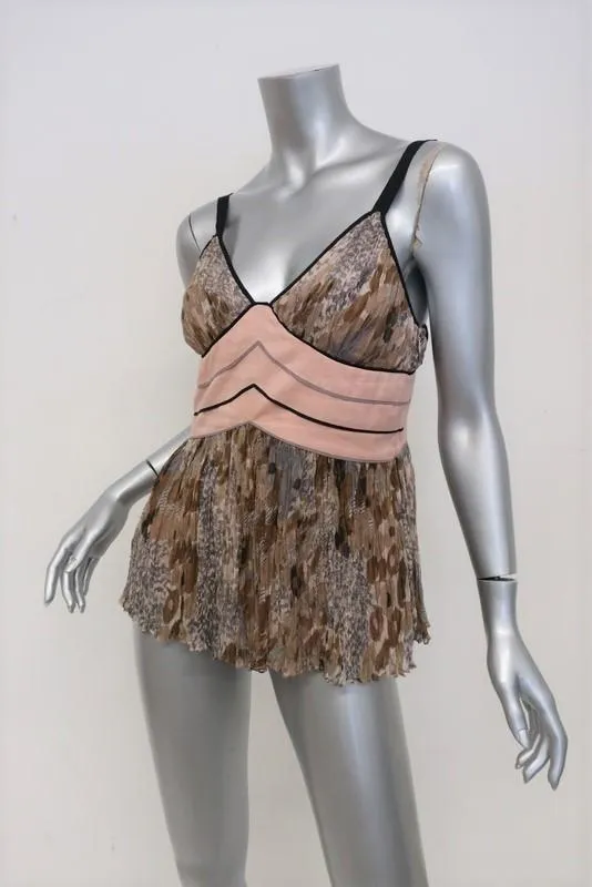 Catherine Malandrino Top Brown/Pink Pleated Chiffon Size 4 Spaghetti Strap Tank