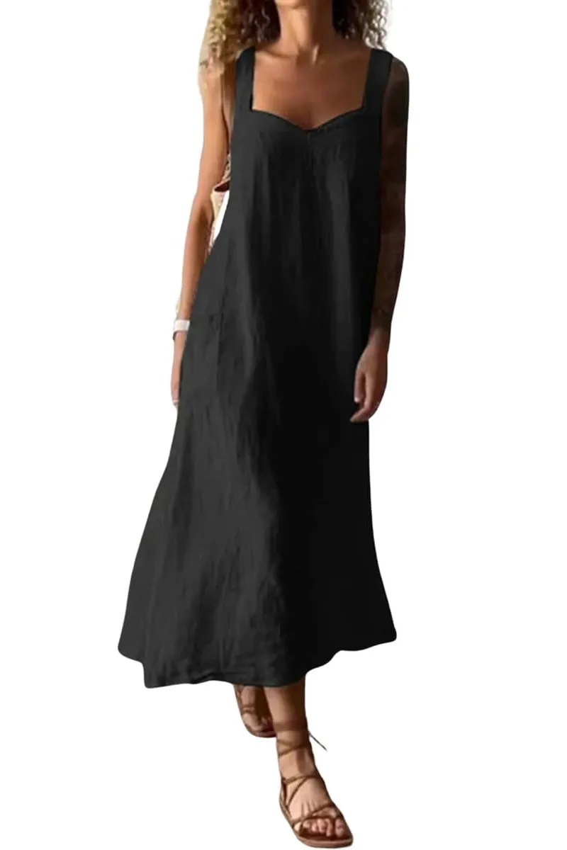 Chouyatou Women's Summer Spaghetti Strap Sleeveless Linen Overall Dress Casual A-Line Midi Long Beach Dress