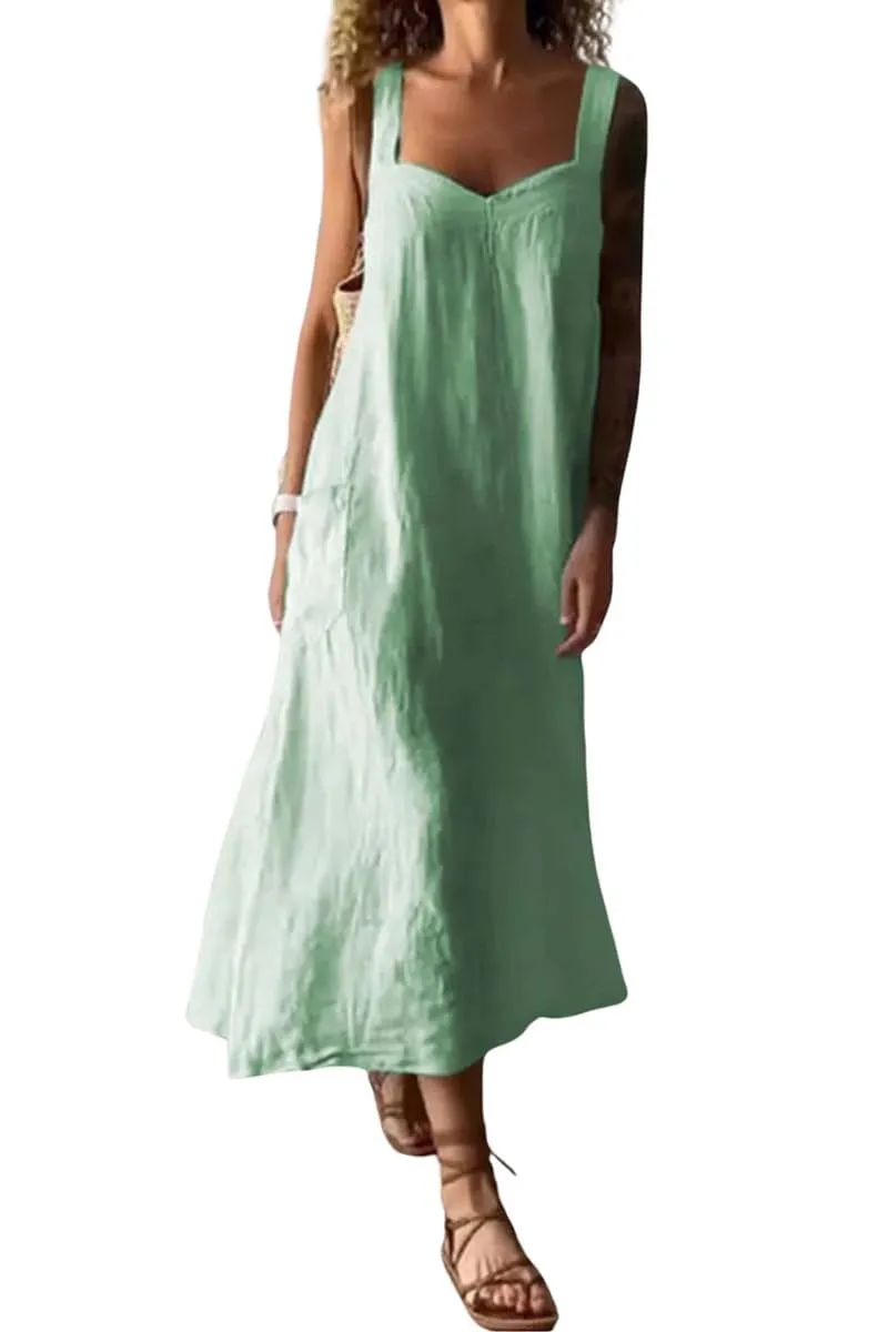 Chouyatou Women's Summer Spaghetti Strap Sleeveless Linen Overall Dress Casual A-Line Midi Long Beach Dress