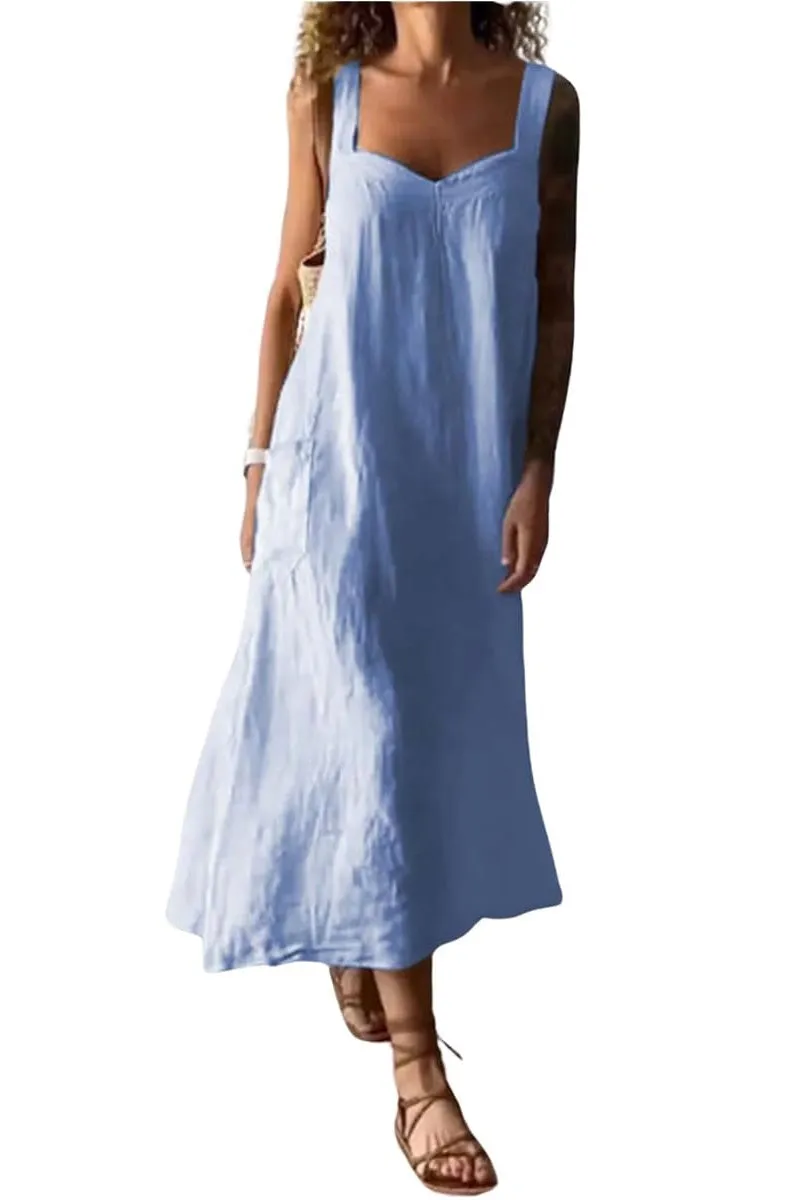 Chouyatou Women's Summer Spaghetti Strap Sleeveless Linen Overall Dress Casual A-Line Midi Long Beach Dress