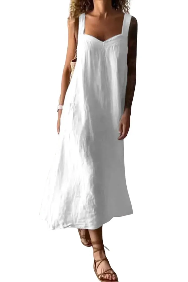 Chouyatou Women's Summer Spaghetti Strap Sleeveless Linen Overall Dress Casual A-Line Midi Long Beach Dress