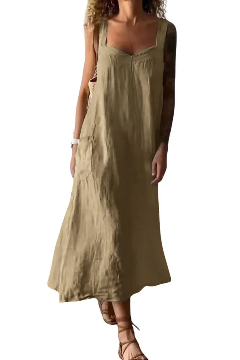 Chouyatou Women's Summer Spaghetti Strap Sleeveless Linen Overall Dress Casual A-Line Midi Long Beach Dress