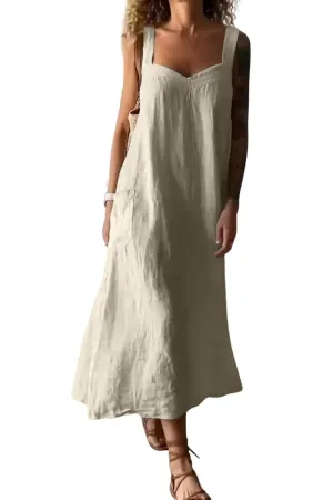 Chouyatou Women's Summer Spaghetti Strap Sleeveless Linen Overall Dress Casual A-Line Midi Long Beach Dress