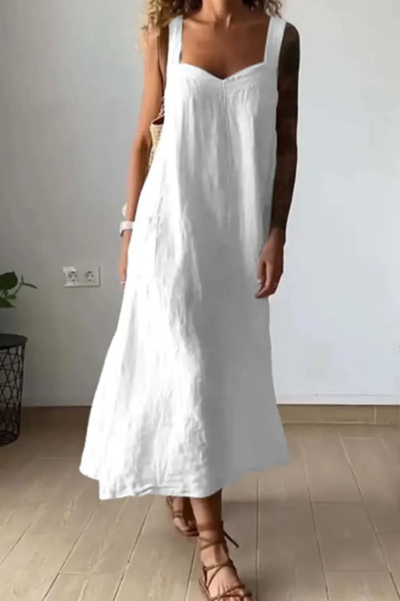 Chouyatou Women's Summer Spaghetti Strap Sleeveless Linen Overall Dress Casual A-Line Midi Long Beach Dress
