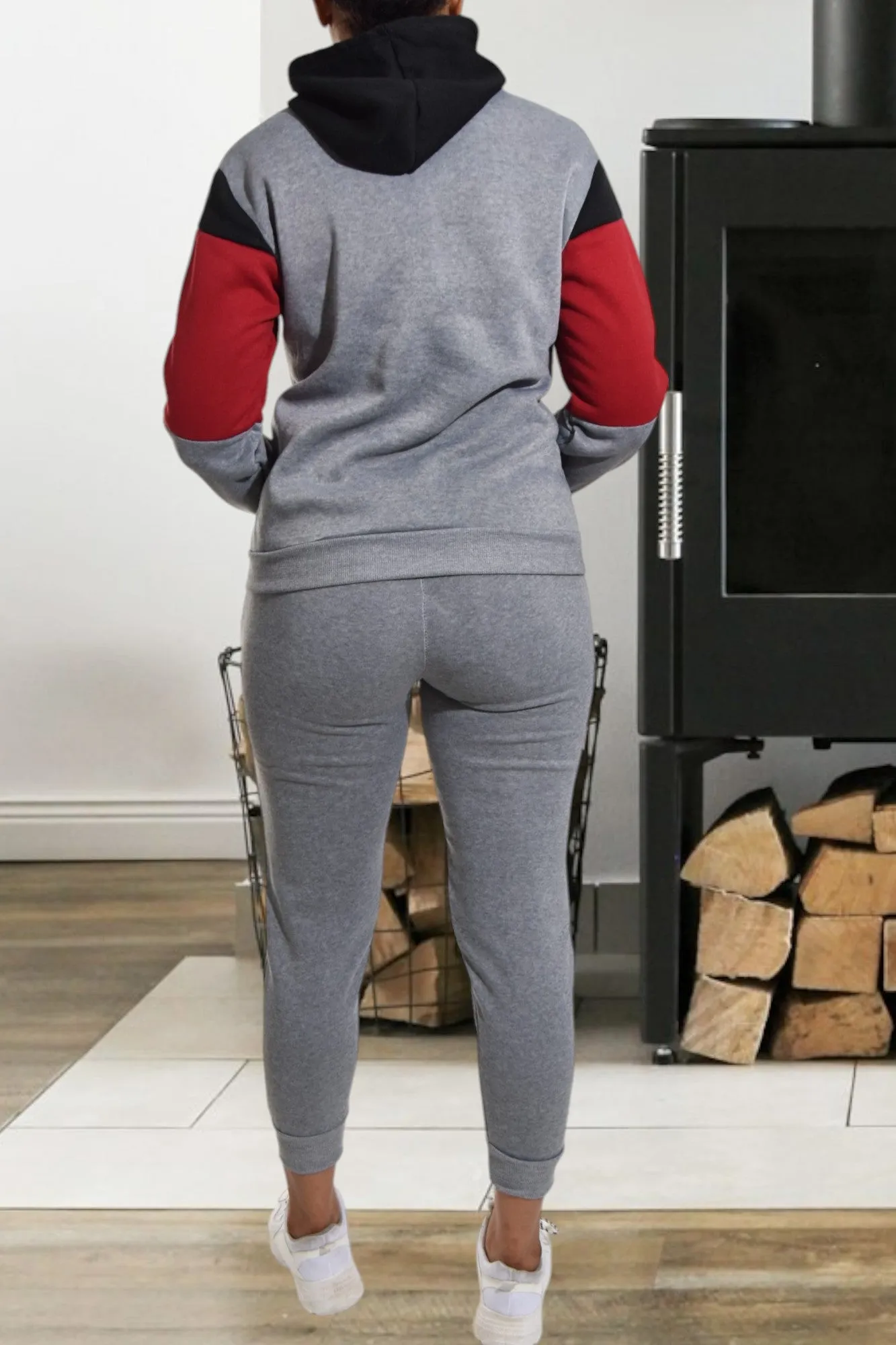 Color Block Dark Grey Kangaroo Pocket Tracksuit Set