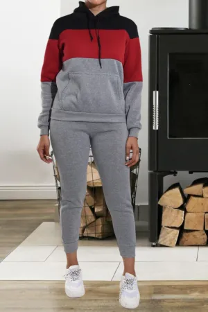 Color Block Dark Grey Kangaroo Pocket Tracksuit Set