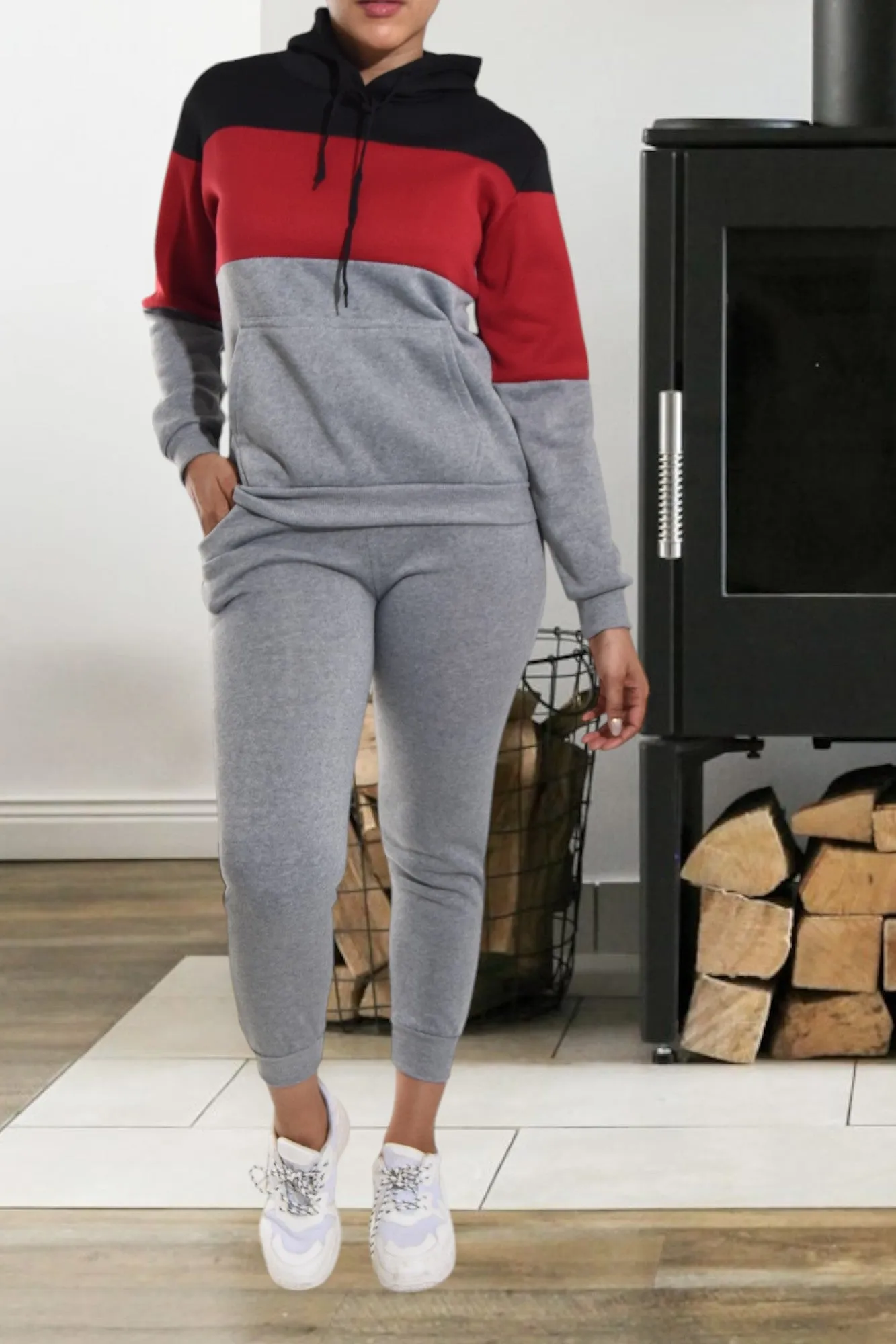 Color Block Dark Grey Kangaroo Pocket Tracksuit Set
