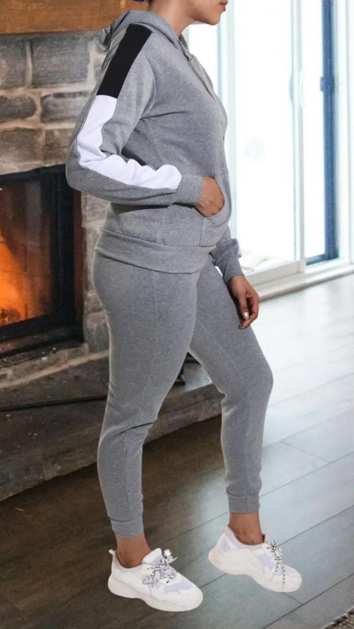 Color Block Fleece Black Tracksuit Set