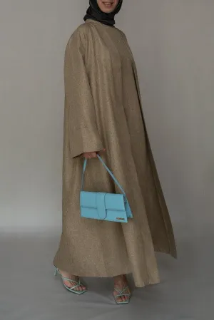 Costella Abaya throw over bisht fabric in khaki color with a detachable belt