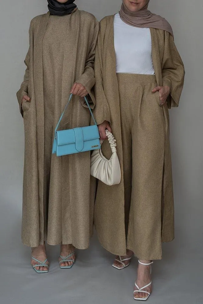 Costella Abaya throw over bisht fabric in khaki color with a detachable belt