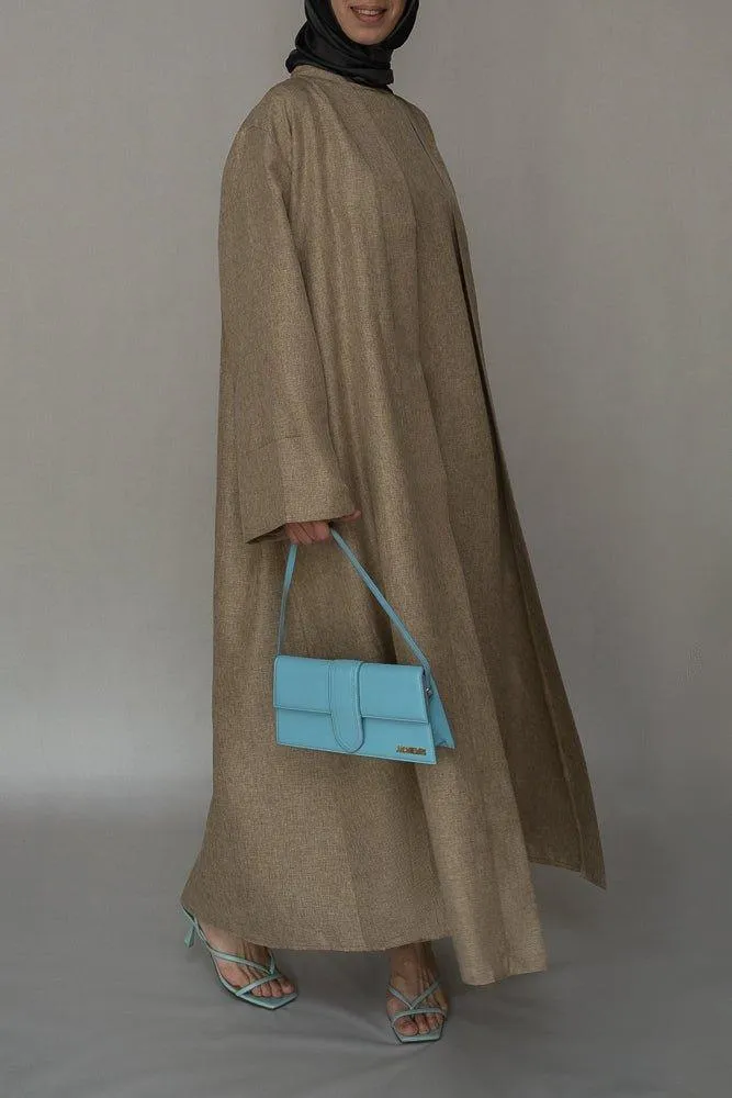 Costella Abaya throw over bisht fabric in khaki color with a detachable belt