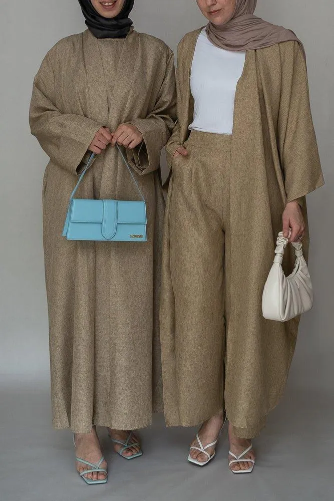 Costella Abaya throw over bisht fabric in khaki color with a detachable belt
