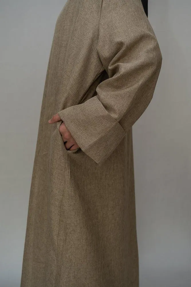 Costella Abaya throw over bisht fabric in khaki color with a detachable belt