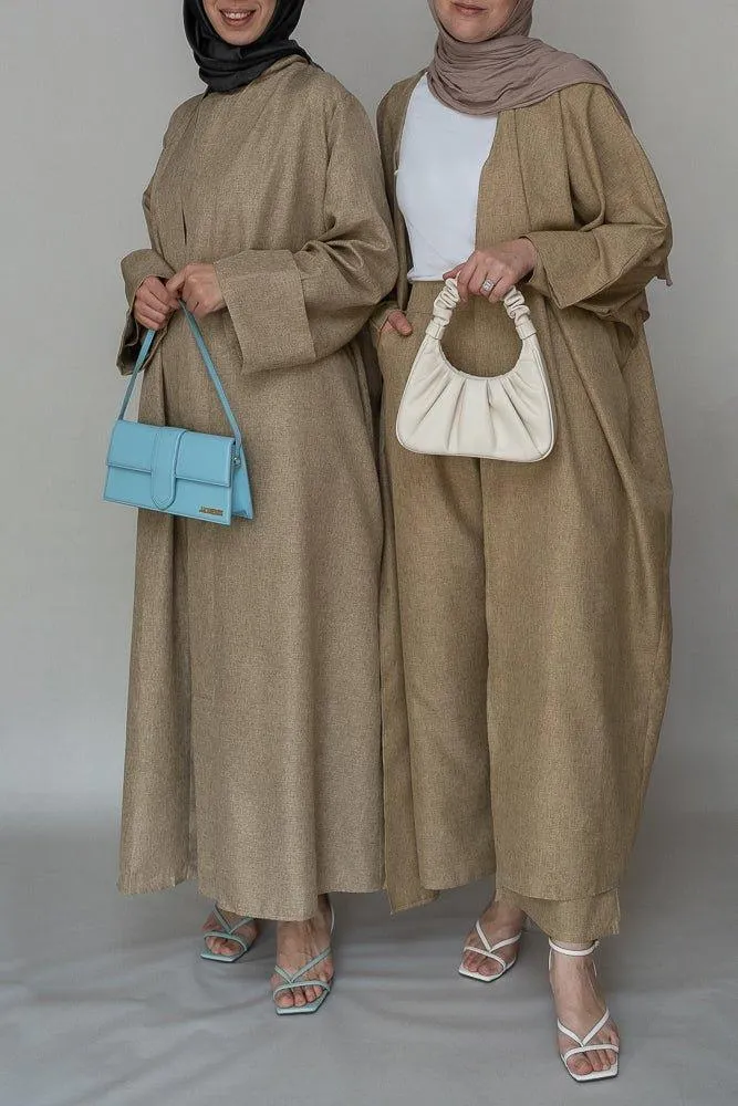 Costella Abaya throw over bisht fabric in khaki color with a detachable belt