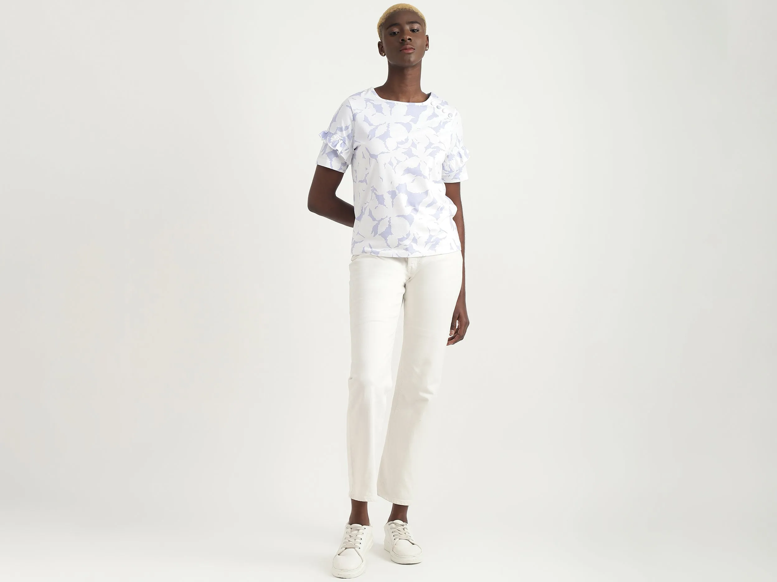 Cotton Camouflage Round Neck Women Tops