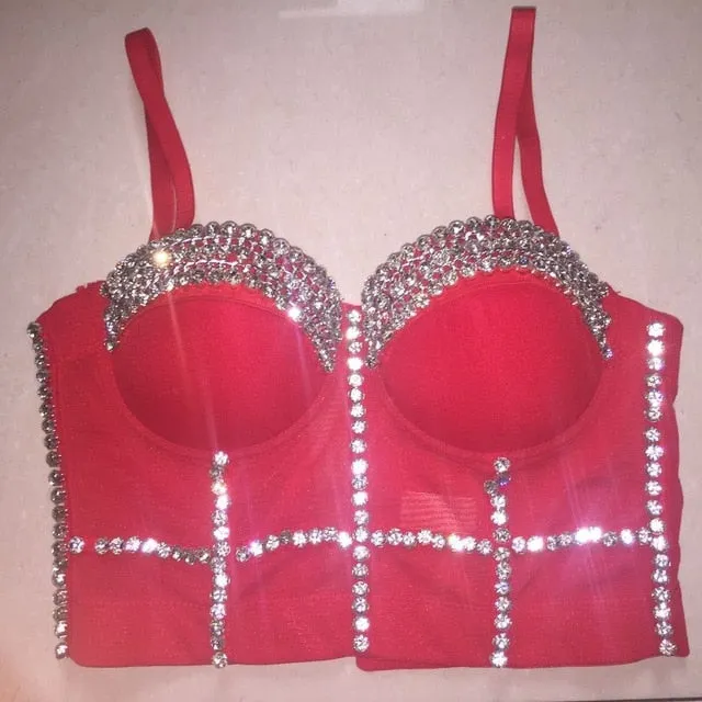 Crystal Rhinestone Beading Diamond Rivet Pearl Push Up Bustier Crop Top Corset Tank Vest