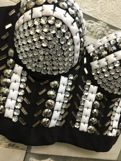 Crystal Rhinestone Beading Diamond Rivet Pearl Push Up Bustier Crop Top Corset Tank Vest