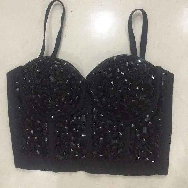 Crystal Rhinestone Beading Diamond Rivet Pearl Push Up Bustier Crop Top Corset Tank Vest