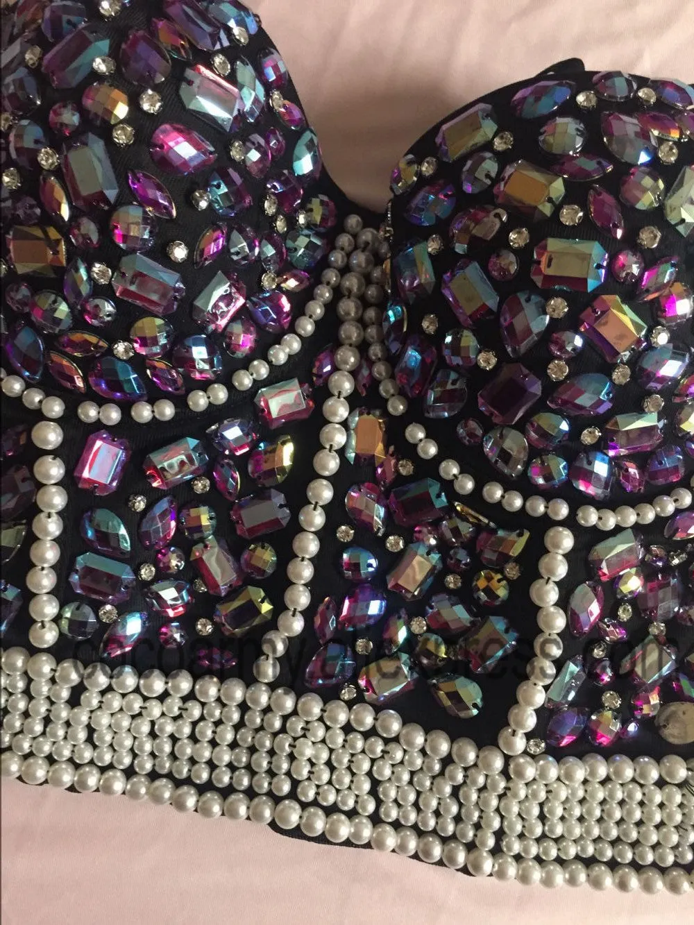 Crystal Rhinestone Beading Diamond Rivet Pearl Push Up Bustier Crop Top Corset Tank Vest