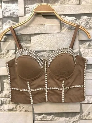 Crystal Rhinestone Beading Diamond Rivet Pearl Push Up Bustier Crop Top Corset Tank Vest