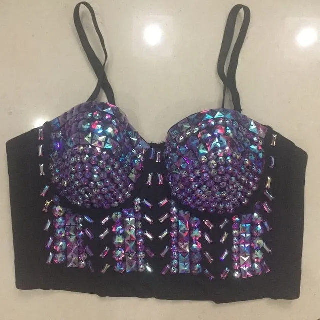 Crystal Rhinestone Beading Diamond Rivet Pearl Push Up Bustier Crop Top Corset Tank Vest
