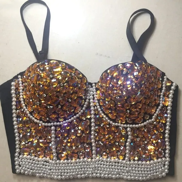 Crystal Rhinestone Beading Diamond Rivet Pearl Push Up Bustier Crop Top Corset Tank Vest