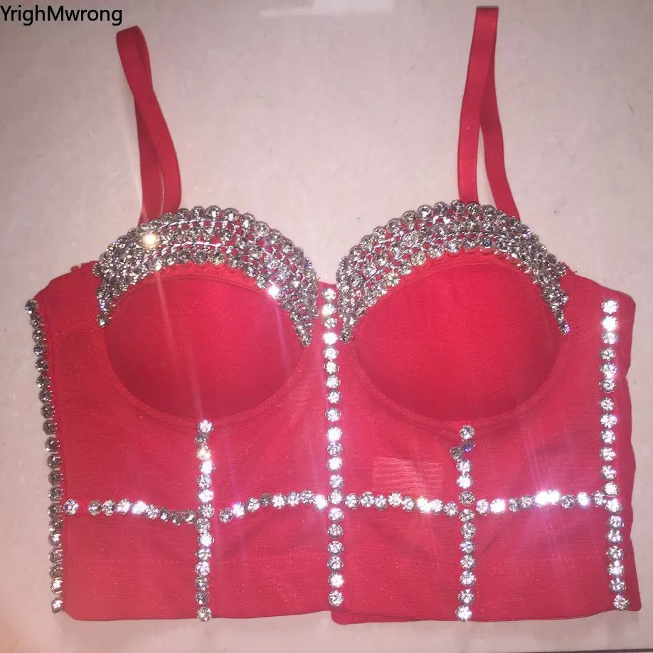 Crystal Rhinestone Beading Diamond Rivet Pearl Push Up Bustier Crop Top Corset Tank Vest