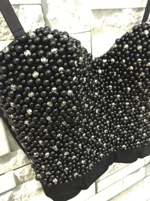 Crystal Rhinestone Beading Diamond Rivet Pearl Push Up Bustier Crop Top Corset Tank Vest