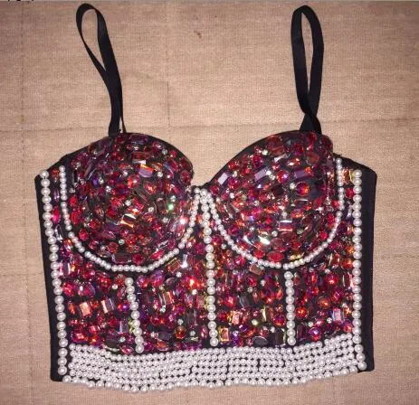 Crystal Rhinestone Beading Diamond Rivet Pearl Push Up Bustier Crop Top Corset Tank Vest