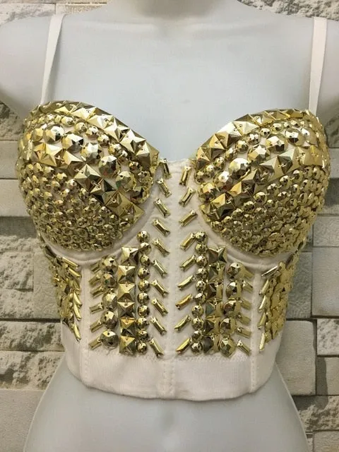 Crystal Rhinestone Beading Diamond Rivet Pearl Push Up Bustier Crop Top Corset Tank Vest