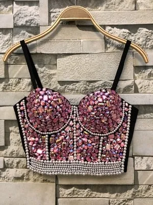 Crystal Rhinestone Beading Diamond Rivet Pearl Push Up Bustier Crop Top Corset Tank Vest