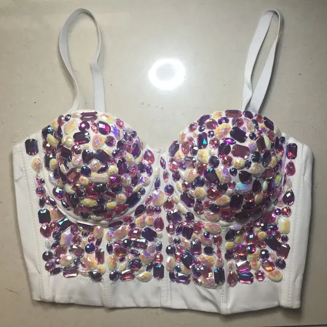Crystal Rhinestone Beading Diamond Rivet Pearl Push Up Bustier Crop Top Corset Tank Vest