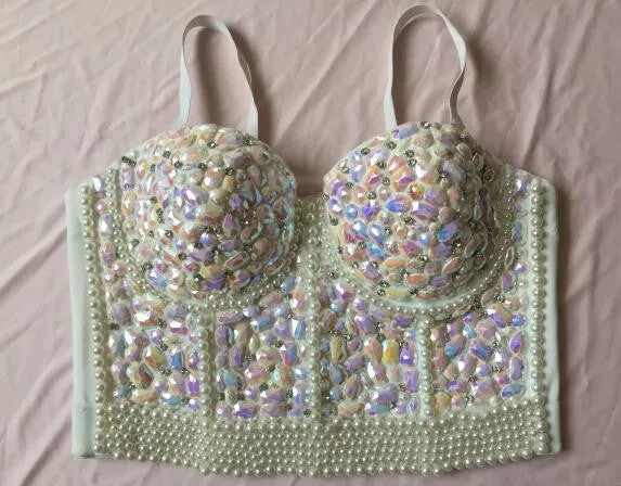 Crystal Rhinestone Beading Diamond Rivet Pearl Push Up Bustier Crop Top Corset Tank Vest