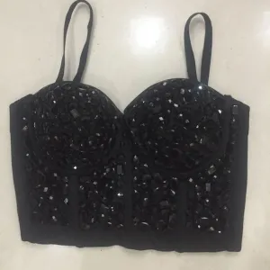Crystal Rhinestone Beading Diamond Rivet Pearl Push Up Bustier Crop Top Corset Tank Vest