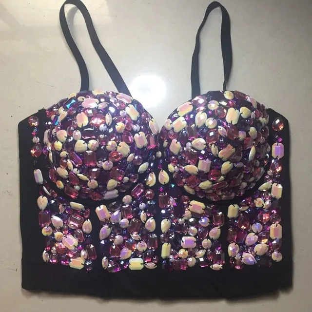 Crystal Rhinestone Beading Diamond Rivet Pearl Push Up Bustier Crop Top Corset Tank Vest