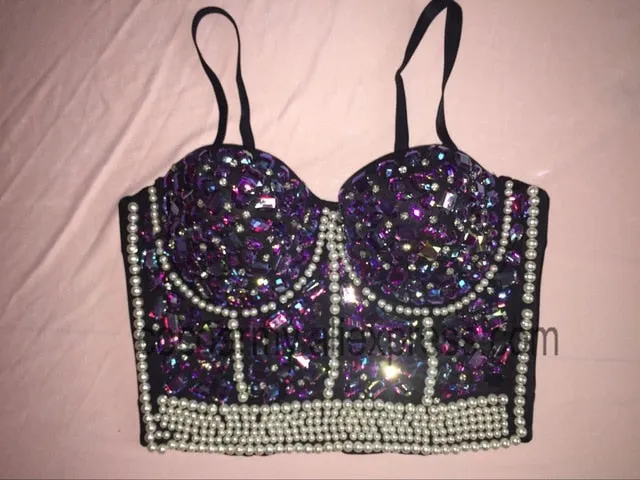 Crystal Rhinestone Beading Diamond Rivet Pearl Push Up Bustier Crop Top Corset Tank Vest