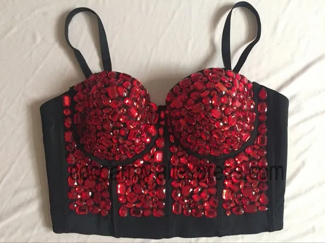 Crystal Rhinestone Beading Diamond Rivet Pearl Push Up Bustier Crop Top Corset Tank Vest