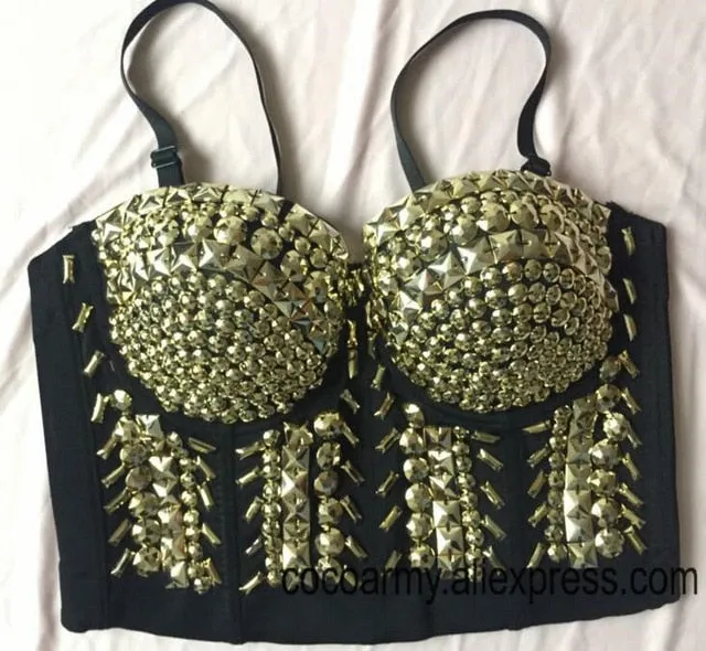 Crystal Rhinestone Beading Diamond Rivet Pearl Push Up Bustier Crop Top Corset Tank Vest