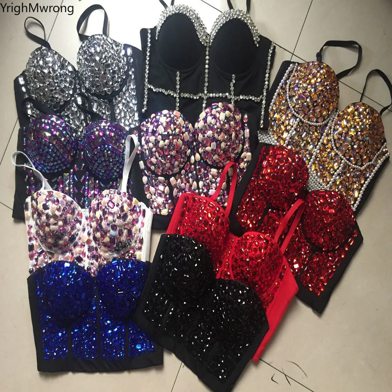Crystal Rhinestone Beading Diamond Rivet Pearl Push Up Bustier Crop Top Corset Tank Vest