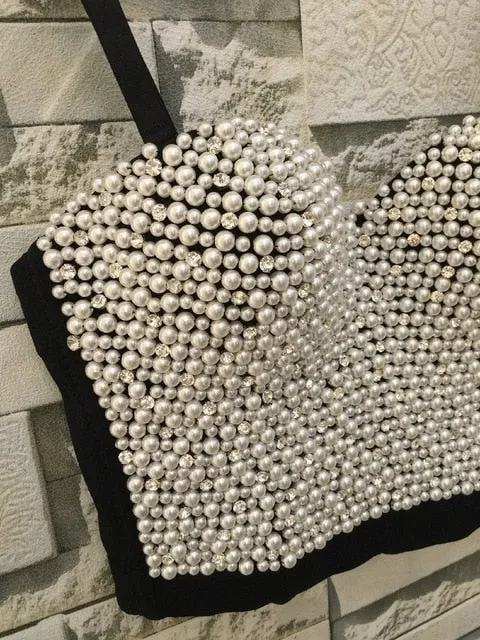 Crystal Rhinestone Beading Diamond Rivet Pearl Push Up Bustier Crop Top Corset Tank Vest