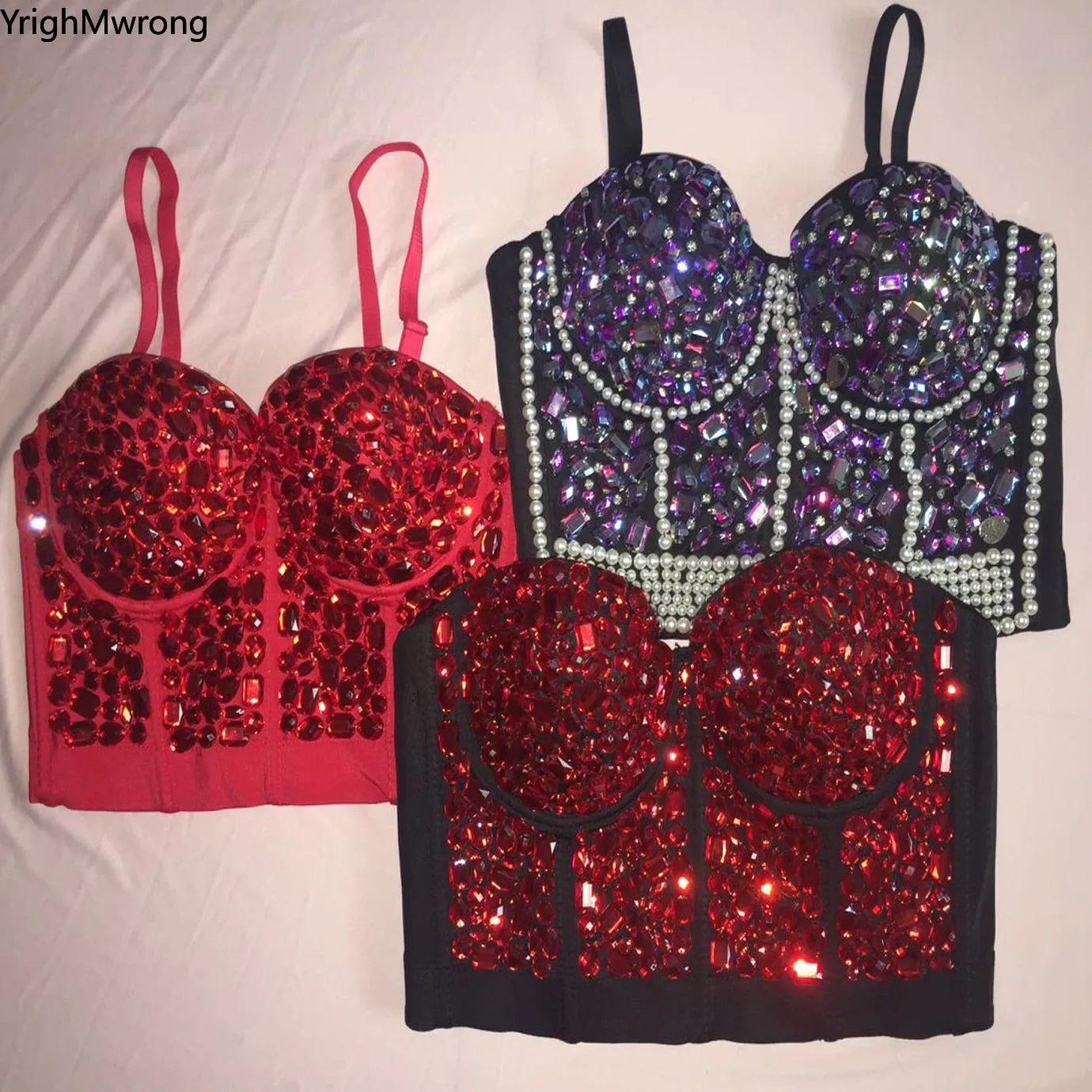 Crystal Rhinestone Beading Diamond Rivet Pearl Push Up Bustier Crop Top Corset Tank Vest