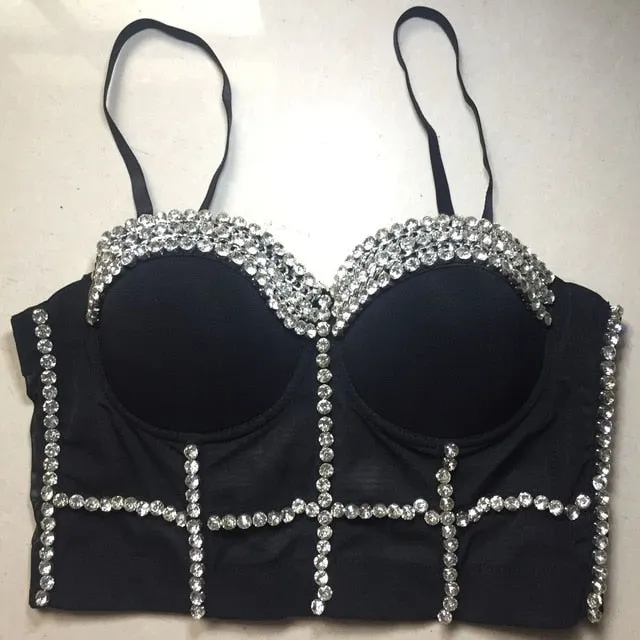 Crystal Rhinestone Beading Diamond Rivet Pearl Push Up Bustier Crop Top Corset Tank Vest
